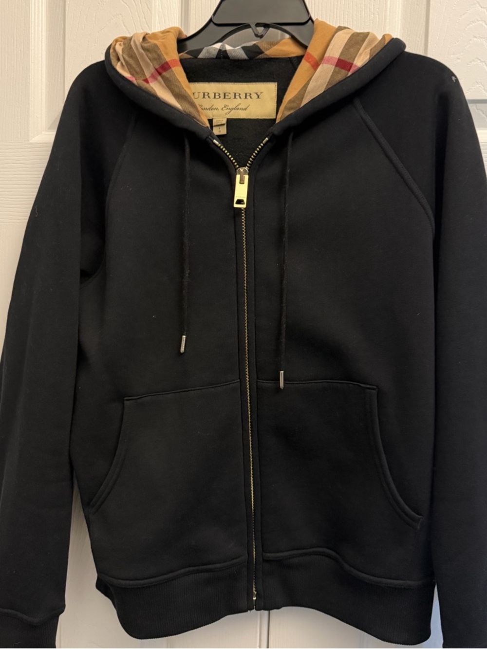 Burberry Black Hoodie with Beige Check Hood Lining